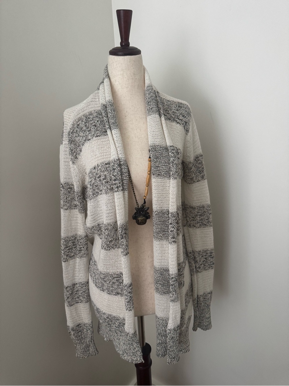 CUSP Neiman Marcus Striped Marled Knit Open Cardigan Gray Ivory M